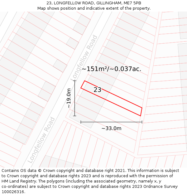 23, LONGFELLOW ROAD, GILLINGHAM, ME7 5PB: Plot and title map