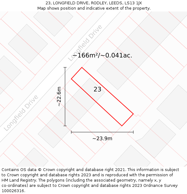 23, LONGFIELD DRIVE, RODLEY, LEEDS, LS13 1JX: Plot and title map