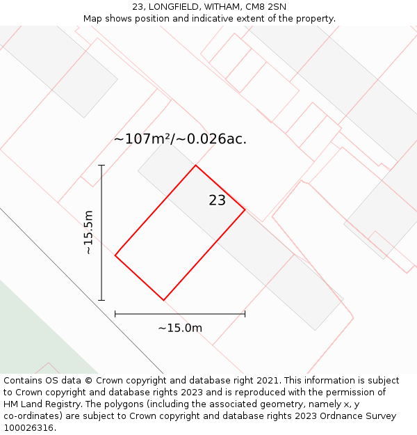 23, LONGFIELD, WITHAM, CM8 2SN: Plot and title map