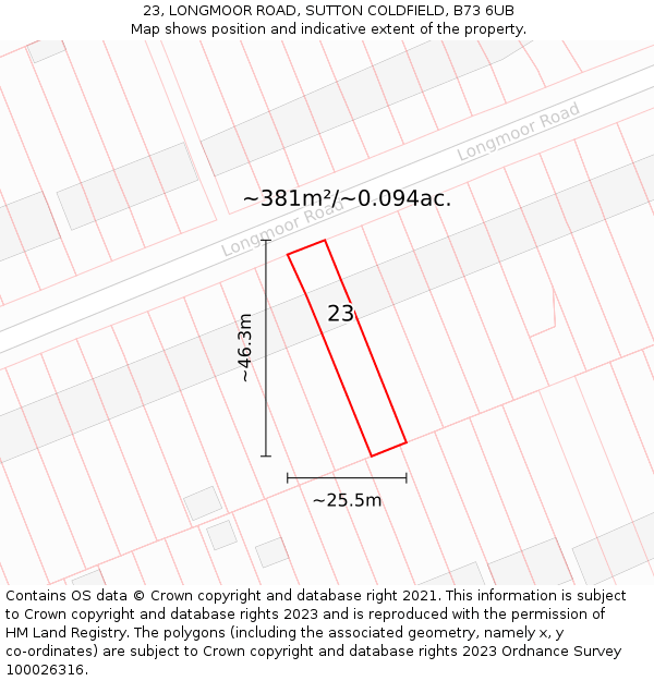 23, LONGMOOR ROAD, SUTTON COLDFIELD, B73 6UB: Plot and title map