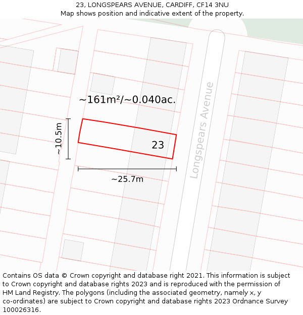 23, LONGSPEARS AVENUE, CARDIFF, CF14 3NU: Plot and title map