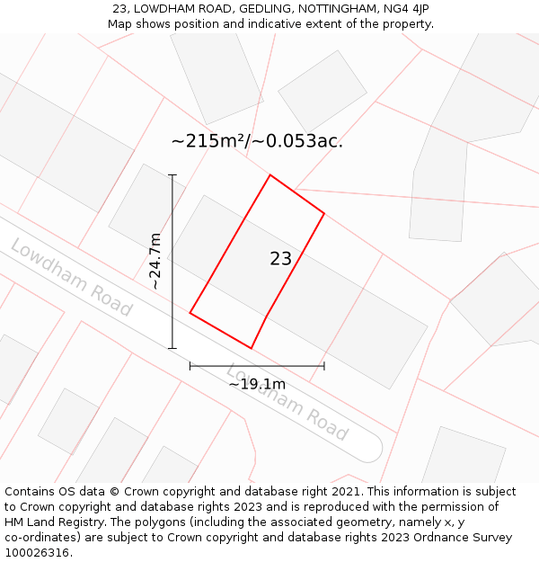 23, LOWDHAM ROAD, GEDLING, NOTTINGHAM, NG4 4JP: Plot and title map