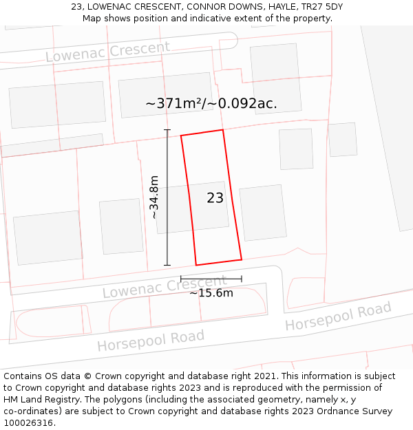 23, LOWENAC CRESCENT, CONNOR DOWNS, HAYLE, TR27 5DY: Plot and title map