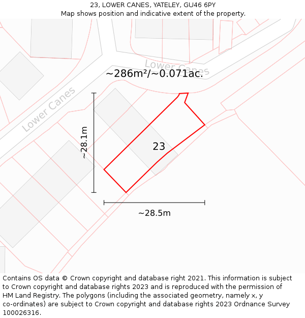 23, LOWER CANES, YATELEY, GU46 6PY: Plot and title map