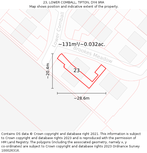 23, LOWER COMBALL, TIPTON, DY4 9RA: Plot and title map