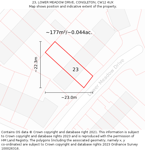23, LOWER MEADOW DRIVE, CONGLETON, CW12 4UX: Plot and title map