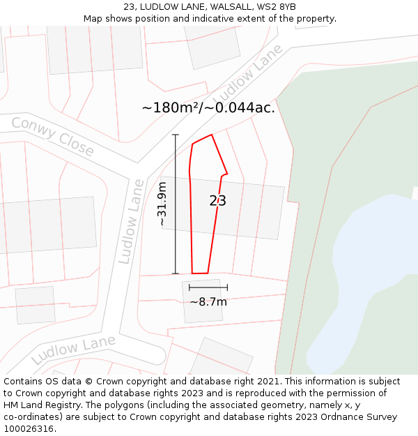 23, LUDLOW LANE, WALSALL, WS2 8YB: Plot and title map