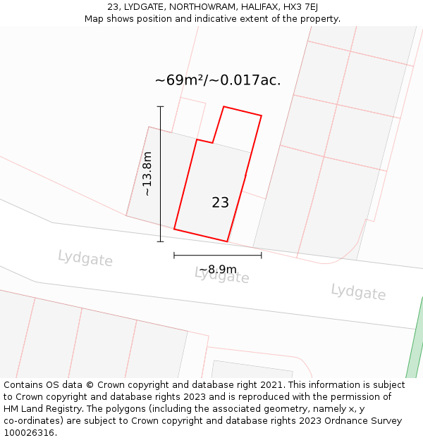 23, LYDGATE, NORTHOWRAM, HALIFAX, HX3 7EJ: Plot and title map