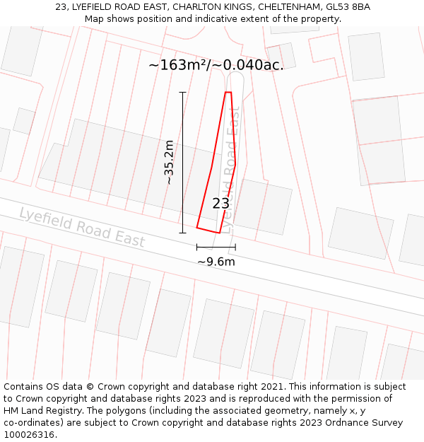 23, LYEFIELD ROAD EAST, CHARLTON KINGS, CHELTENHAM, GL53 8BA: Plot and title map