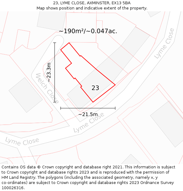 23, LYME CLOSE, AXMINSTER, EX13 5BA: Plot and title map