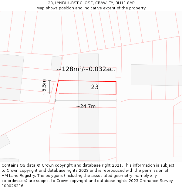 23, LYNDHURST CLOSE, CRAWLEY, RH11 8AP: Plot and title map