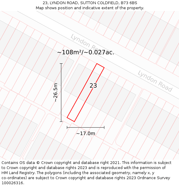 23, LYNDON ROAD, SUTTON COLDFIELD, B73 6BS: Plot and title map