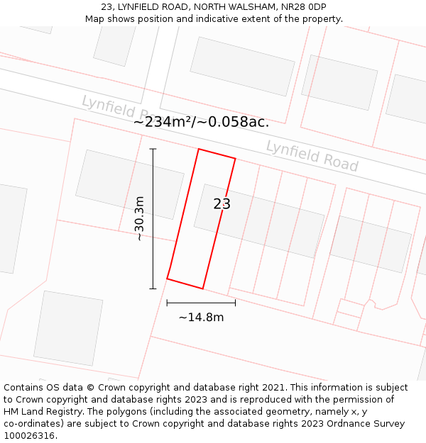 23, LYNFIELD ROAD, NORTH WALSHAM, NR28 0DP: Plot and title map
