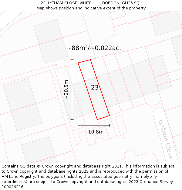 23, LYTHAM CLOSE, WHITEHILL, BORDON, GU35 9QL: Plot and title map