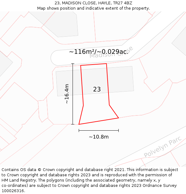 23, MADISON CLOSE, HAYLE, TR27 4BZ: Plot and title map