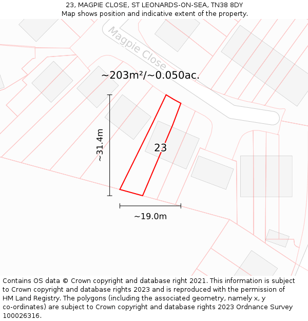 23, MAGPIE CLOSE, ST LEONARDS-ON-SEA, TN38 8DY: Plot and title map