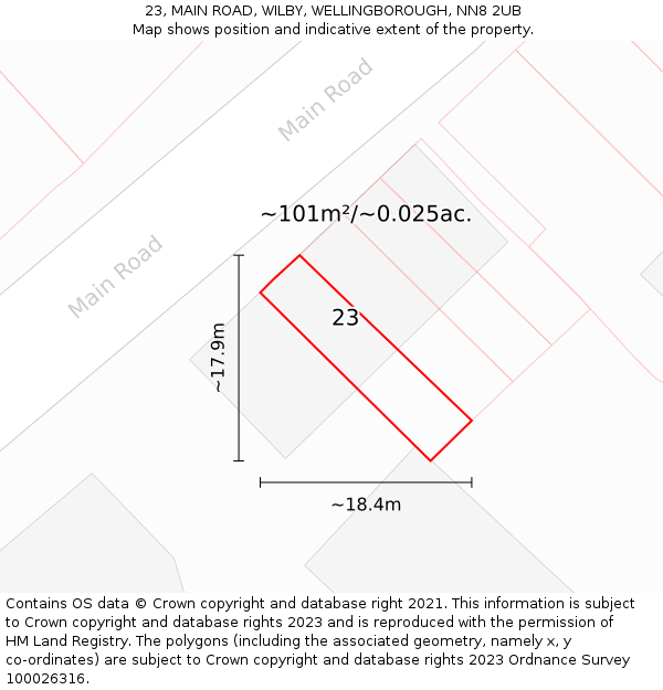 23, MAIN ROAD, WILBY, WELLINGBOROUGH, NN8 2UB: Plot and title map