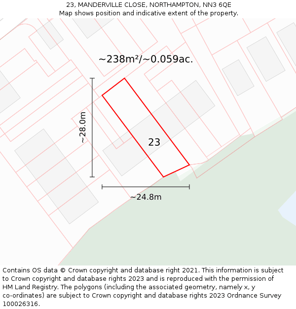 23, MANDERVILLE CLOSE, NORTHAMPTON, NN3 6QE: Plot and title map