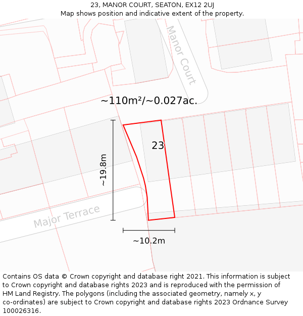 23, MANOR COURT, SEATON, EX12 2UJ: Plot and title map