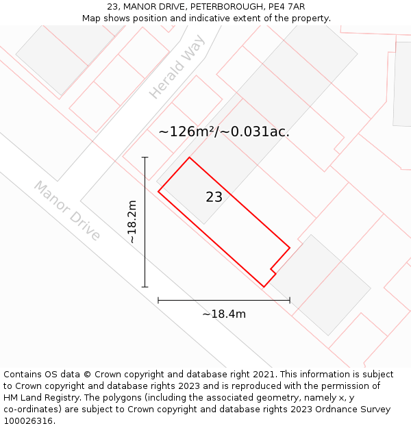 23, MANOR DRIVE, PETERBOROUGH, PE4 7AR: Plot and title map