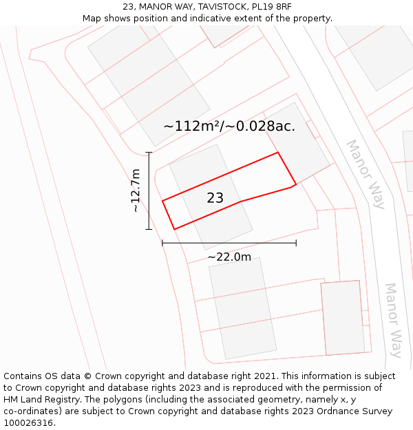23, MANOR WAY, TAVISTOCK, PL19 8RF: Plot and title map