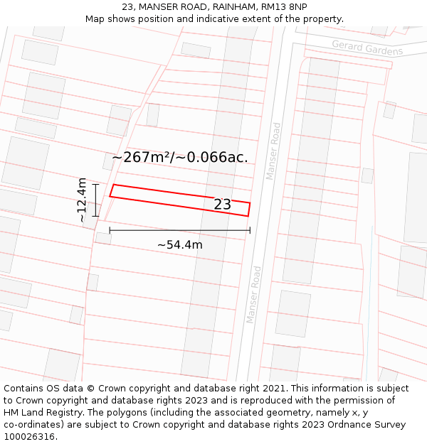 23, MANSER ROAD, RAINHAM, RM13 8NP: Plot and title map