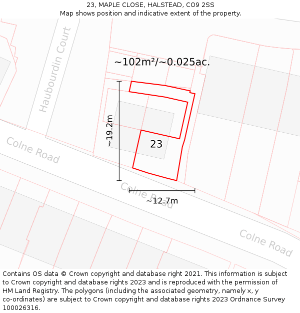 23, MAPLE CLOSE, HALSTEAD, CO9 2SS: Plot and title map