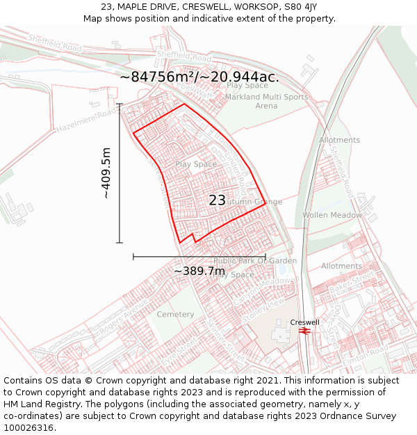 23, MAPLE DRIVE, CRESWELL, WORKSOP, S80 4JY: Plot and title map