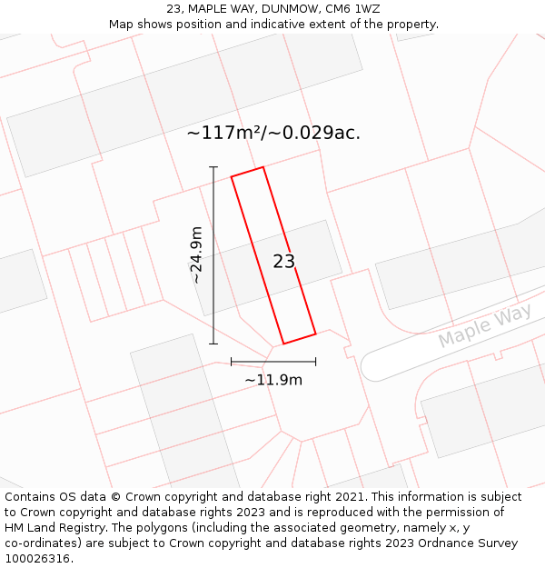 23, MAPLE WAY, DUNMOW, CM6 1WZ: Plot and title map