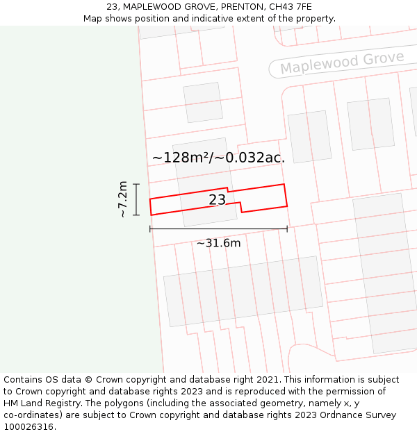 23, MAPLEWOOD GROVE, PRENTON, CH43 7FE: Plot and title map