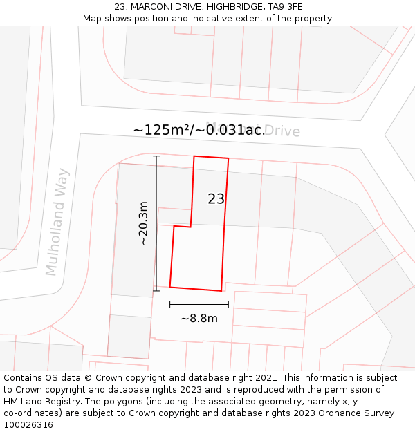 23, MARCONI DRIVE, HIGHBRIDGE, TA9 3FE: Plot and title map