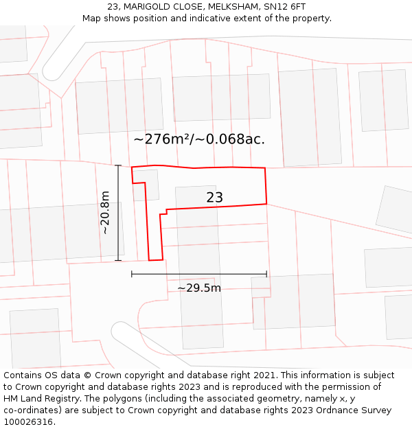 23, MARIGOLD CLOSE, MELKSHAM, SN12 6FT: Plot and title map