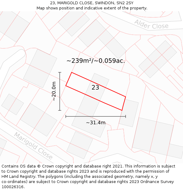 23, MARIGOLD CLOSE, SWINDON, SN2 2SY: Plot and title map