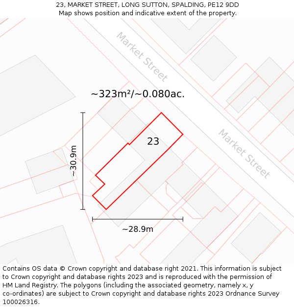 23, MARKET STREET, LONG SUTTON, SPALDING, PE12 9DD: Plot and title map