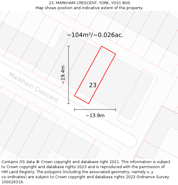 23, MARKHAM CRESCENT, YORK, YO31 8NS: Plot and title map