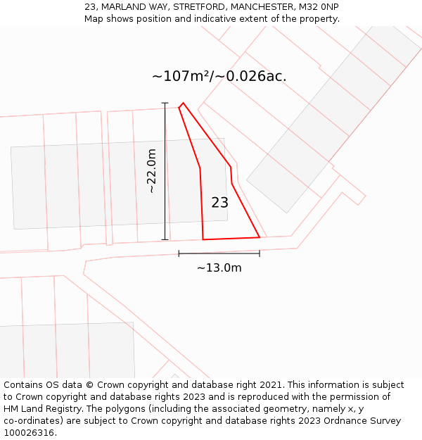 23, MARLAND WAY, STRETFORD, MANCHESTER, M32 0NP: Plot and title map