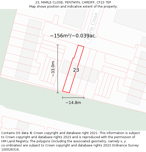 23, MARLE CLOSE, PENTWYN, CARDIFF, CF23 7EP: Plot and title map