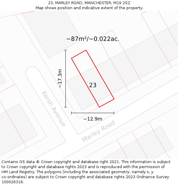 23, MARLEY ROAD, MANCHESTER, M19 2SZ: Plot and title map