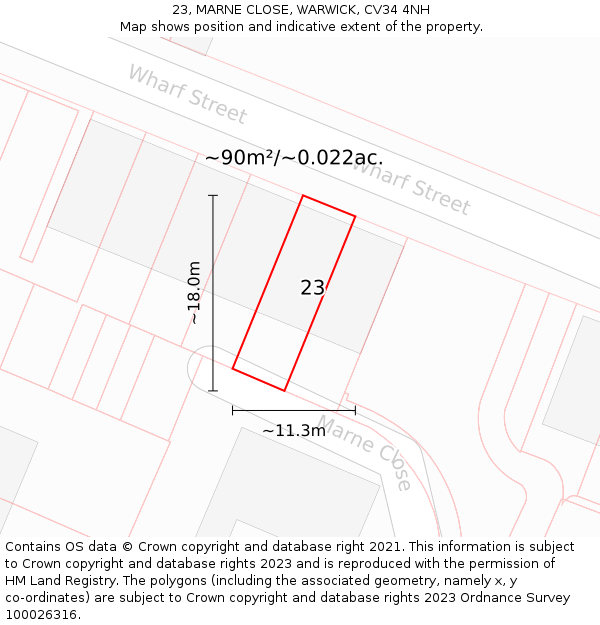 23, MARNE CLOSE, WARWICK, CV34 4NH: Plot and title map