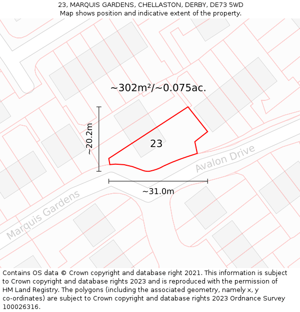 23, MARQUIS GARDENS, CHELLASTON, DERBY, DE73 5WD: Plot and title map