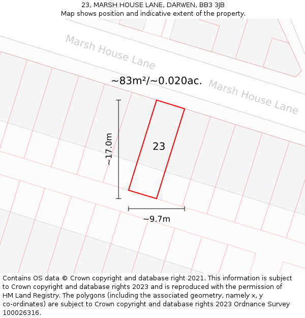 23, MARSH HOUSE LANE, DARWEN, BB3 3JB: Plot and title map