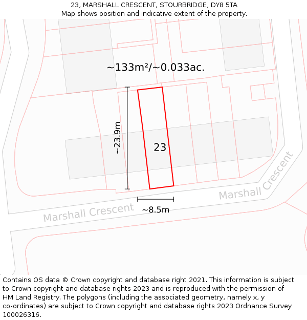 23, MARSHALL CRESCENT, STOURBRIDGE, DY8 5TA: Plot and title map