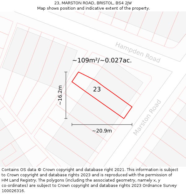 23, MARSTON ROAD, BRISTOL, BS4 2JW: Plot and title map