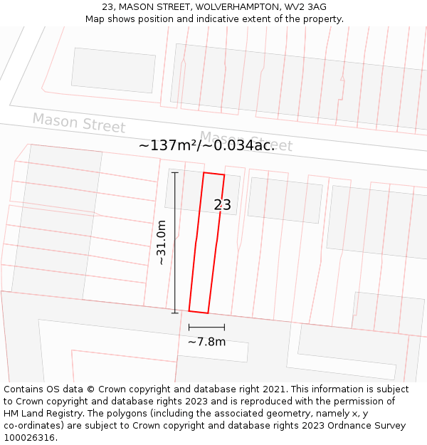 23, MASON STREET, WOLVERHAMPTON, WV2 3AG: Plot and title map