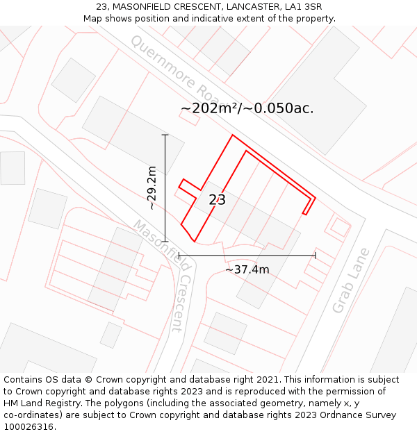 23, MASONFIELD CRESCENT, LANCASTER, LA1 3SR: Plot and title map