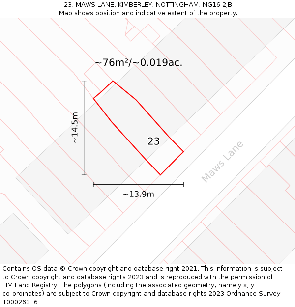 23, MAWS LANE, KIMBERLEY, NOTTINGHAM, NG16 2JB: Plot and title map