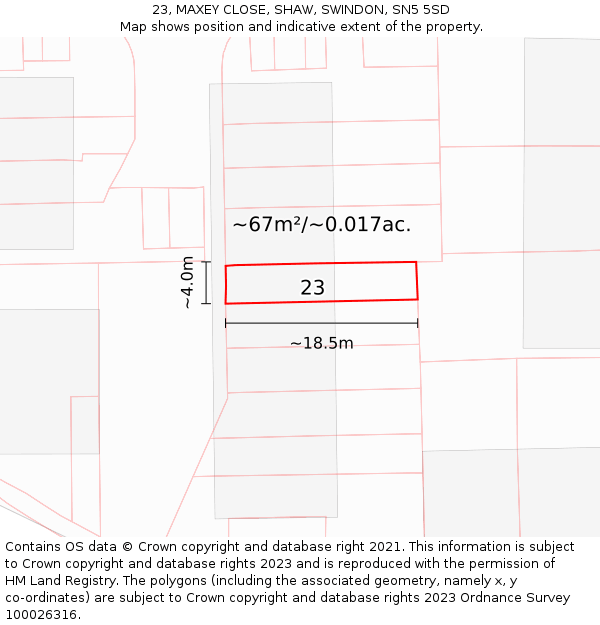 23, MAXEY CLOSE, SHAW, SWINDON, SN5 5SD: Plot and title map