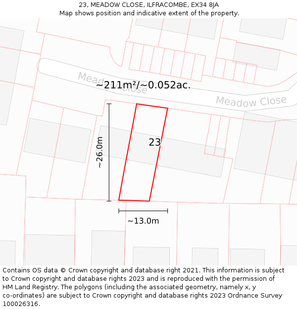 23, MEADOW CLOSE, ILFRACOMBE, EX34 8JA: Plot and title map