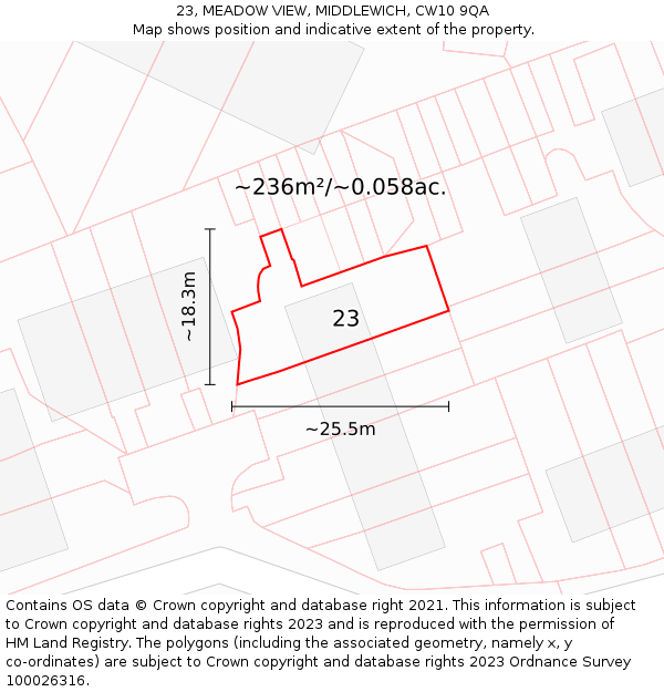23, MEADOW VIEW, MIDDLEWICH, CW10 9QA: Plot and title map