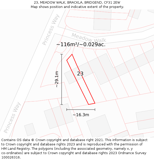 23, MEADOW WALK, BRACKLA, BRIDGEND, CF31 2EW: Plot and title map